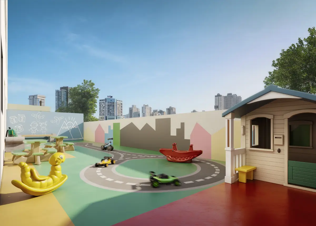 Perspectiva ilustrada de playground do Residencial Momi