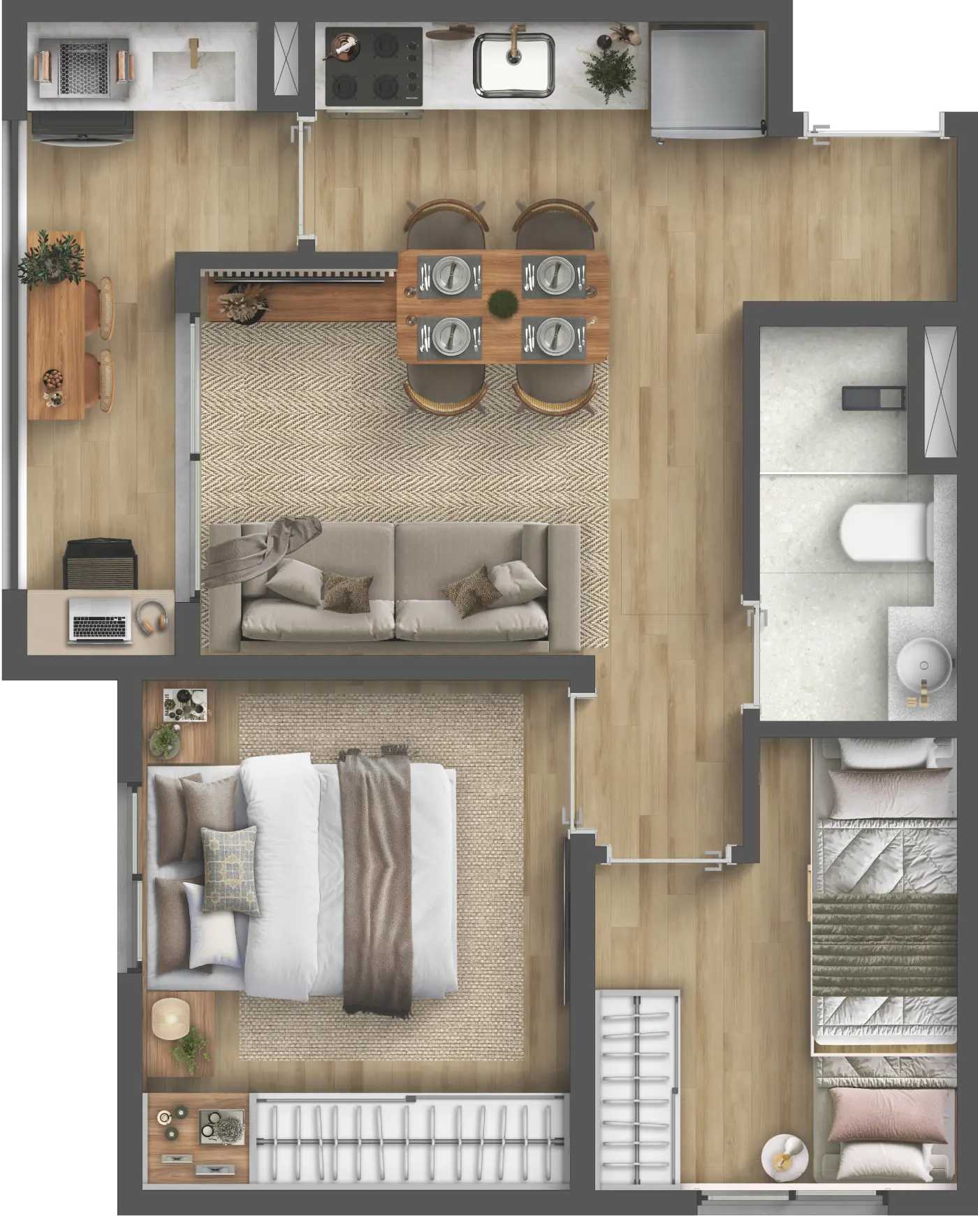 Planta humanizada Tipo A de 39,53 m² do Residencial Momi