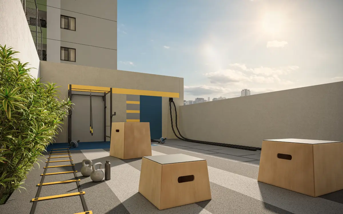 Perspectiva ilustrada de fitness externo do Residencial Momi