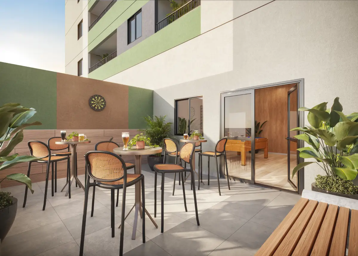 Perspectiva ilustrada de sports bar externo do Residencial Momi