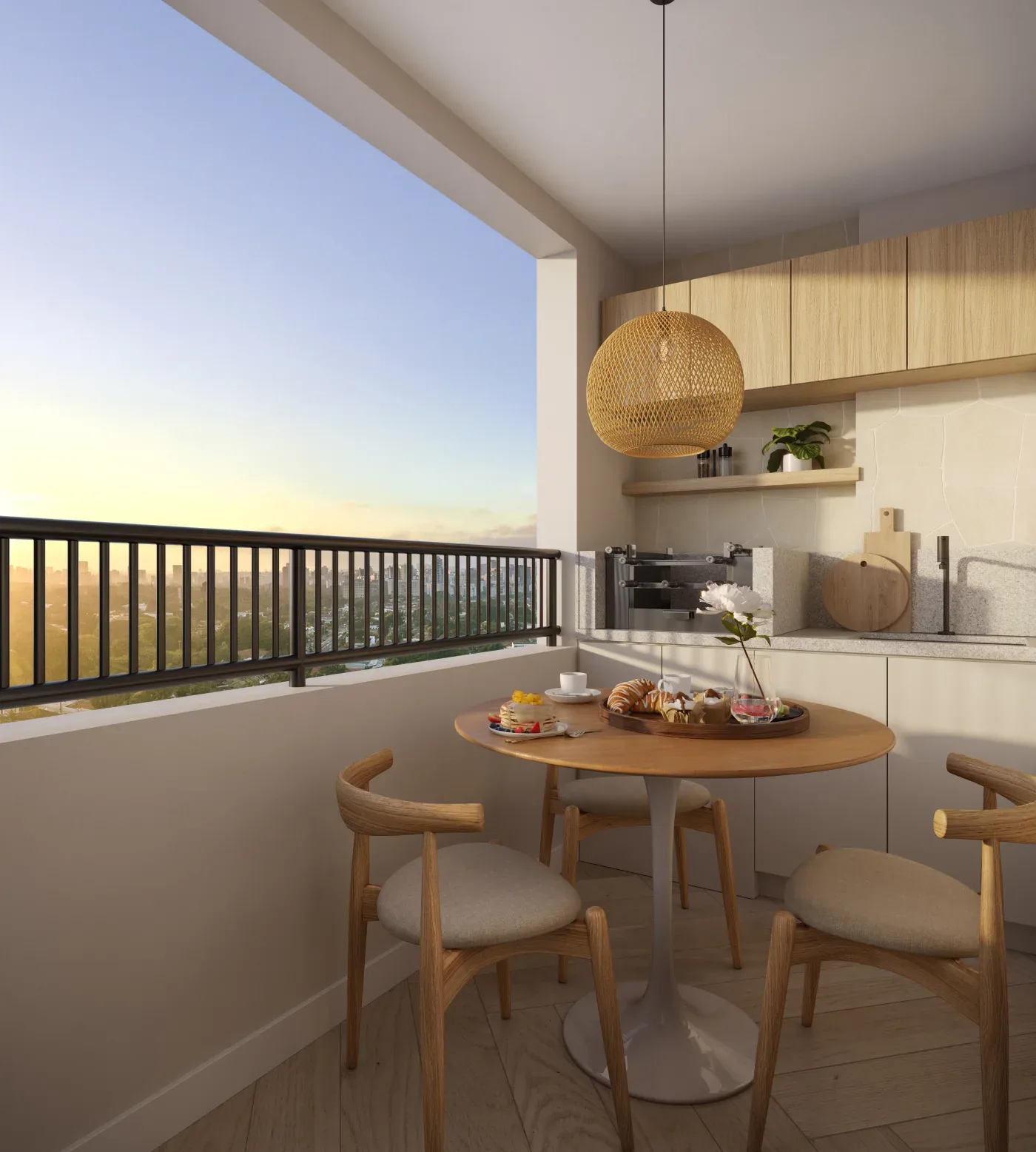 Perspectiva ilustrada da varanda de uma unidade do Residencial Marô com mesa redonda, cadeiras e vista para a cidade