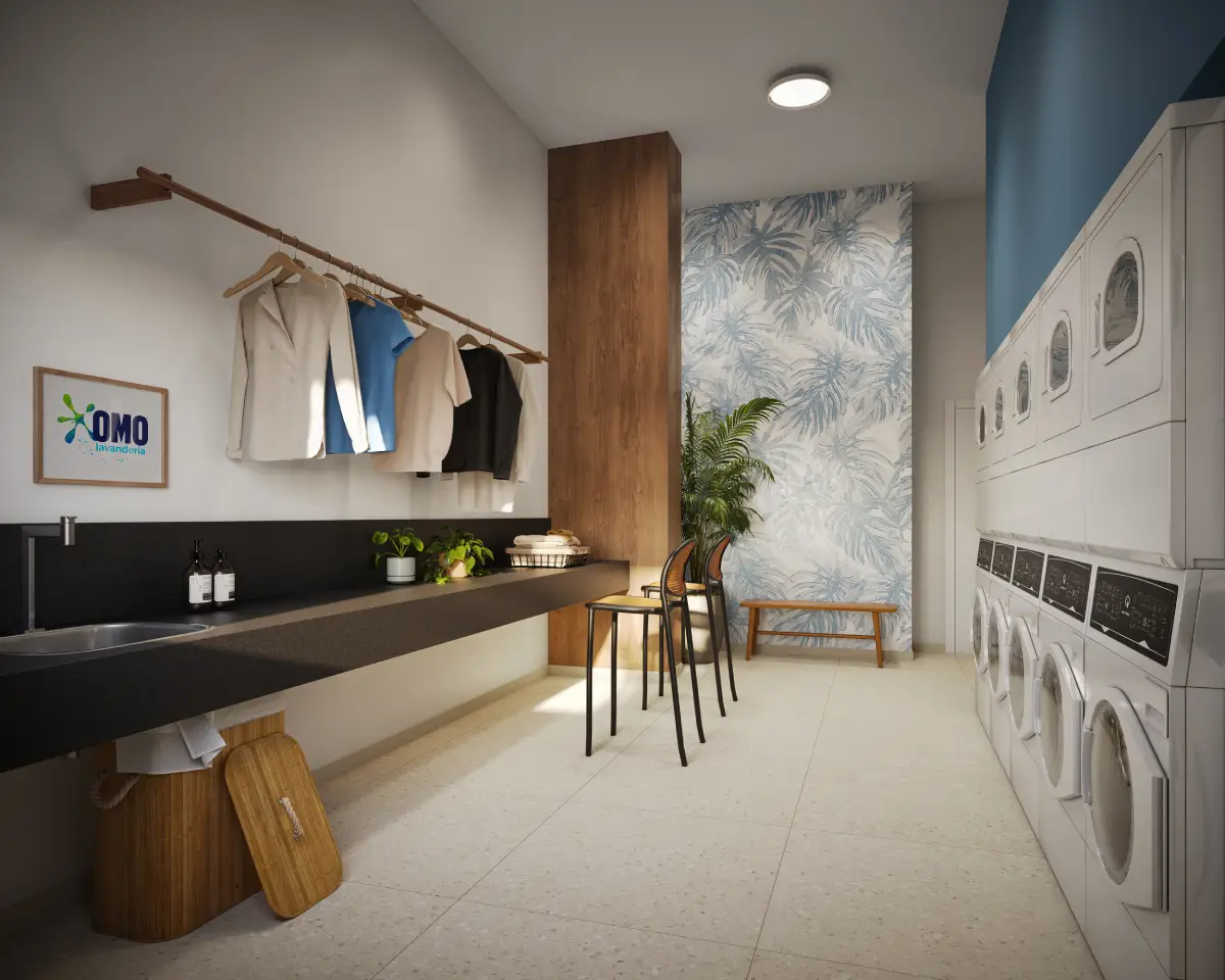 Perspectiva ilustrada de lavanderia compartilhada do Residencial Momi