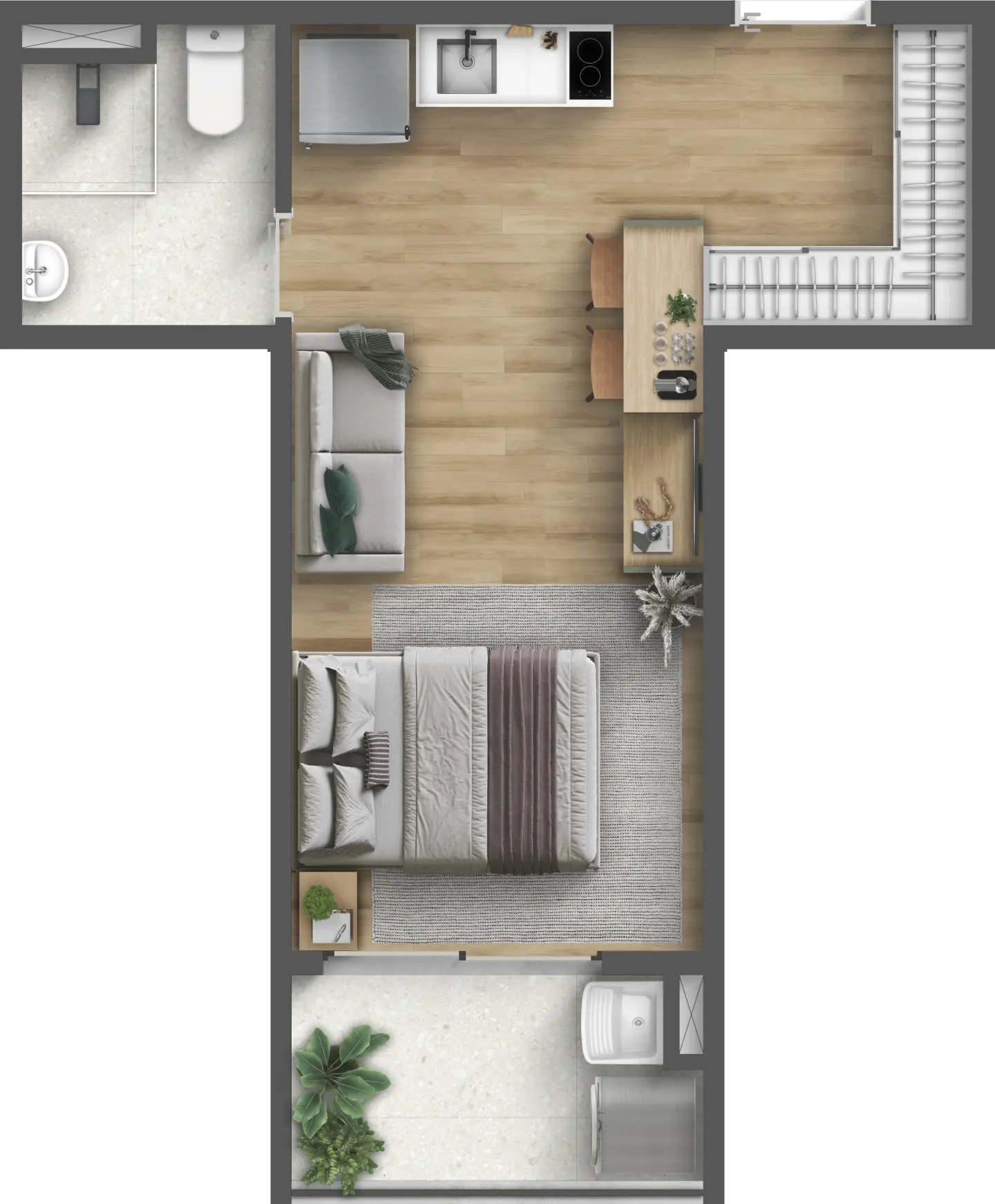 Planta humanizada Tipo D de 27,58 m² do Residencial Momi