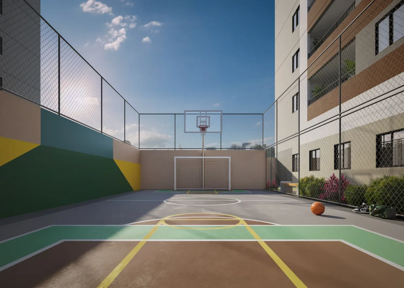 Perspectiva ilustrada da quadra esportiva do Residencial Marô