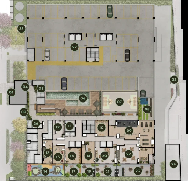Implantação ilustrada do Residencial Momi com torres, acessos e áreas comuns