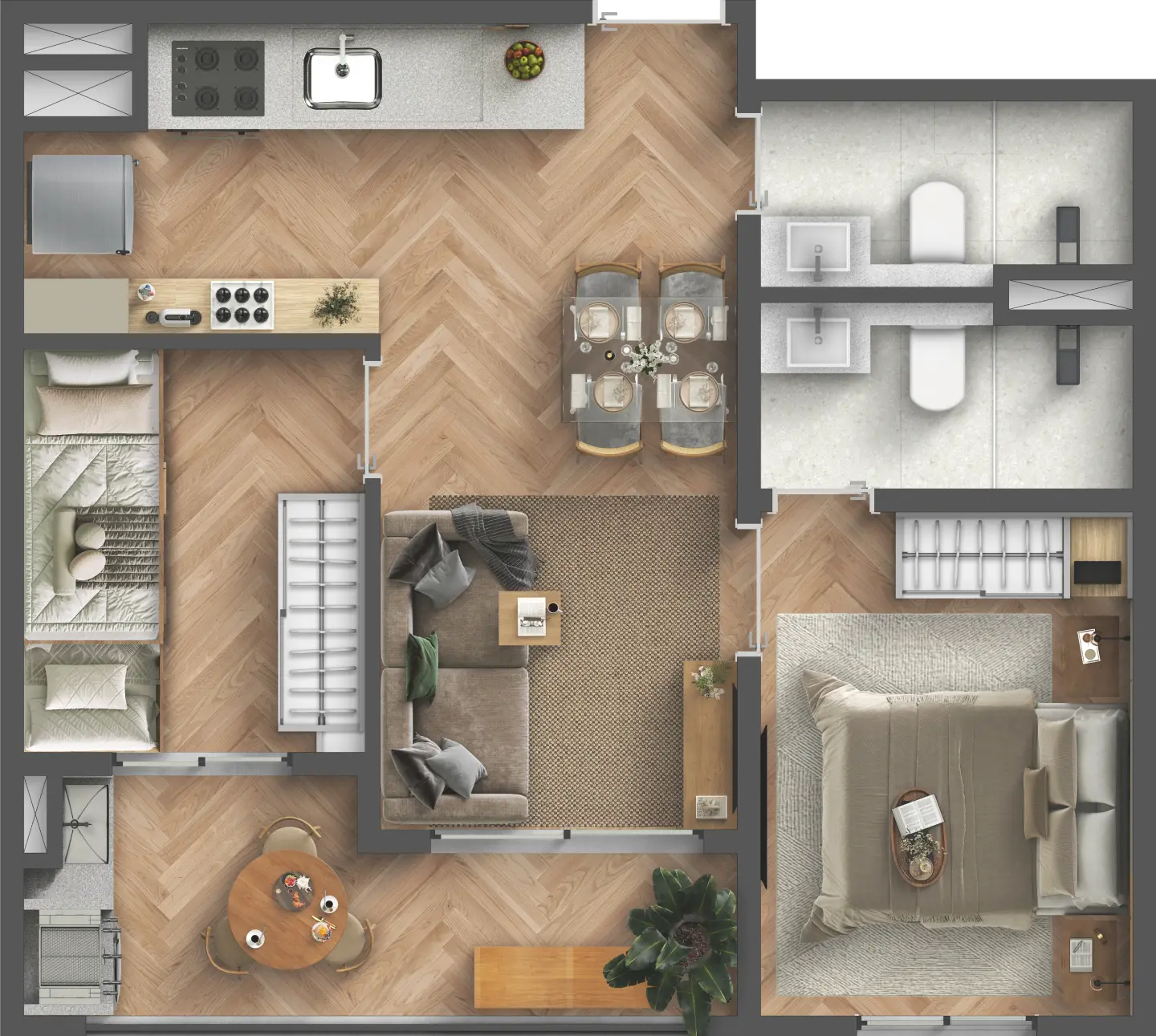 Planta humanizada Tipo B de 46,40 m² do Residencial Momi