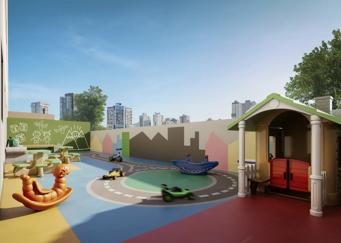 Perspectiva ilustrada do playground do Residencial Marô
