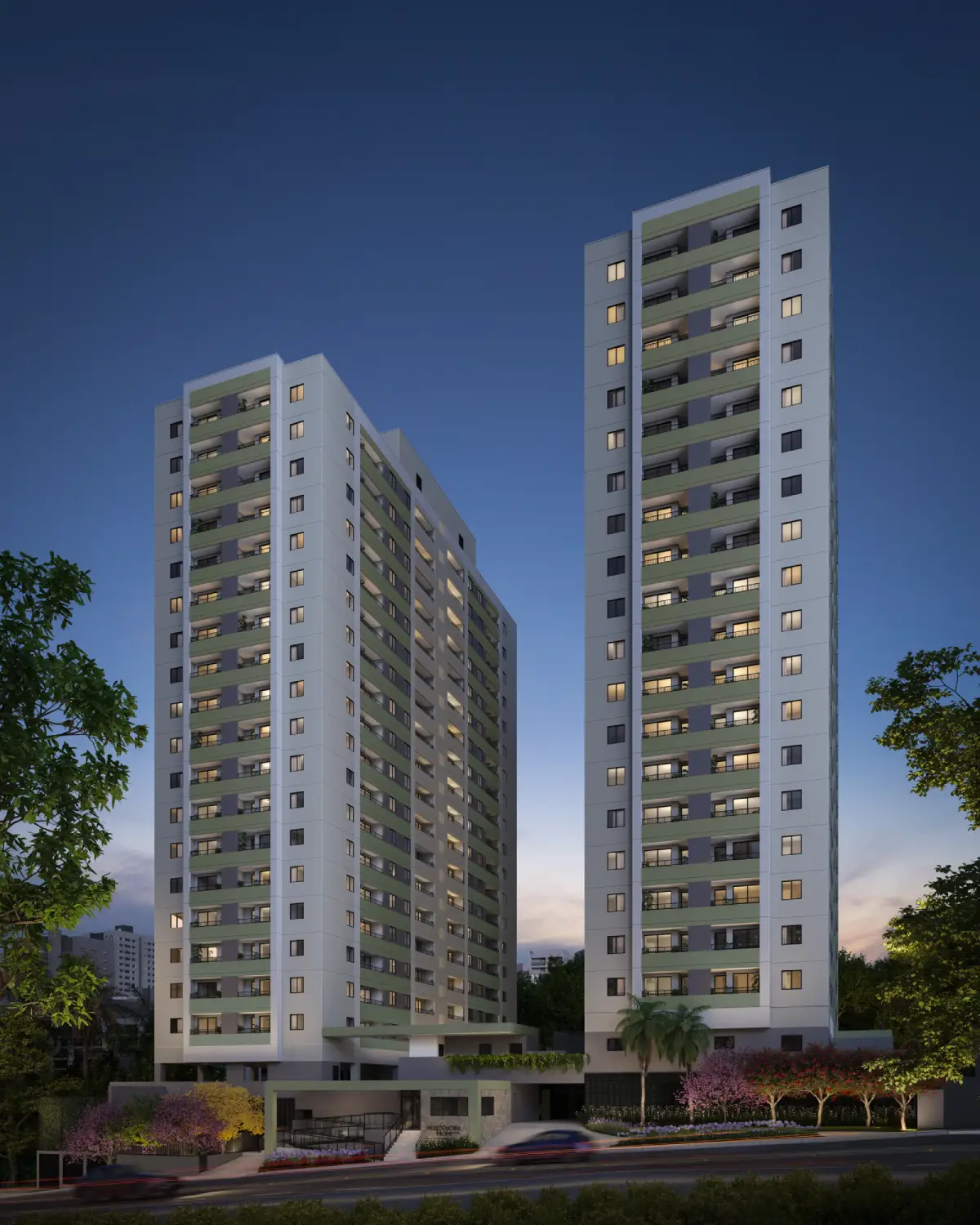 Perspectiva ilustrada da fachada do Residencial Momi, com duas torres residenciais e paisagismo