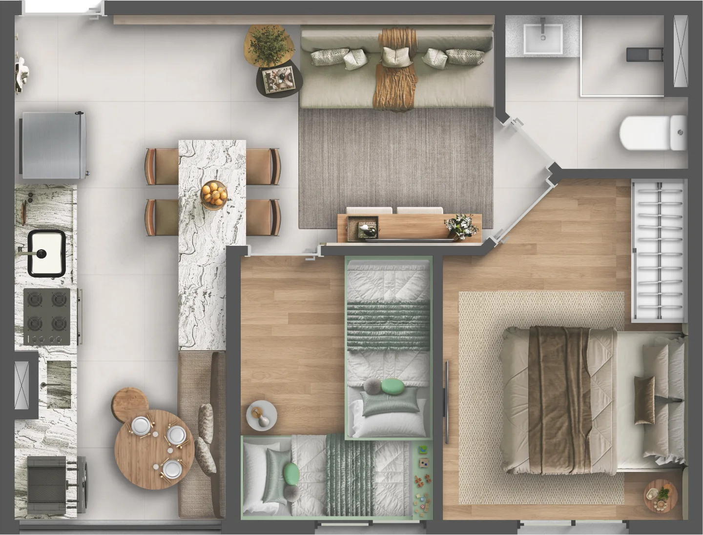 Planta humanizada da unidade Tipo A de 39,53 m² do Residencial Marô, com dois dormitórios, living, cozinha e varanda