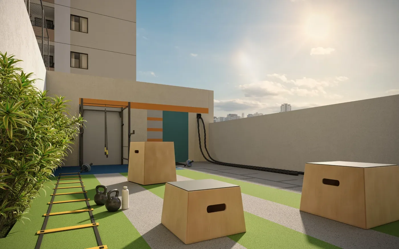 Perspectiva ilustrada do espaço fitness externo do Residencial Marô