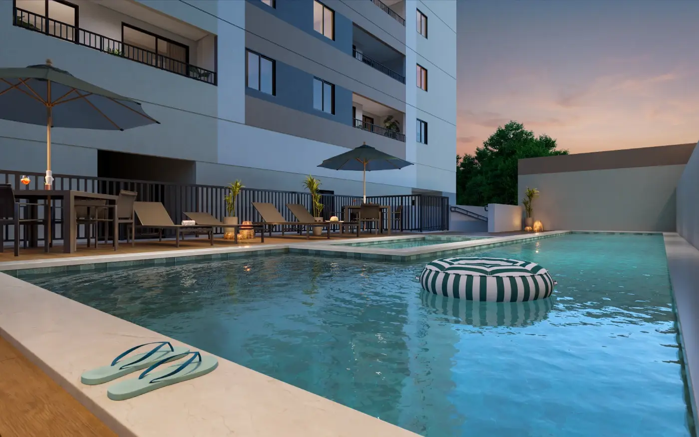 Perspectiva ilustrada da piscina adulto e infantil do Residencial Marô com deck e espreguiçadeiras