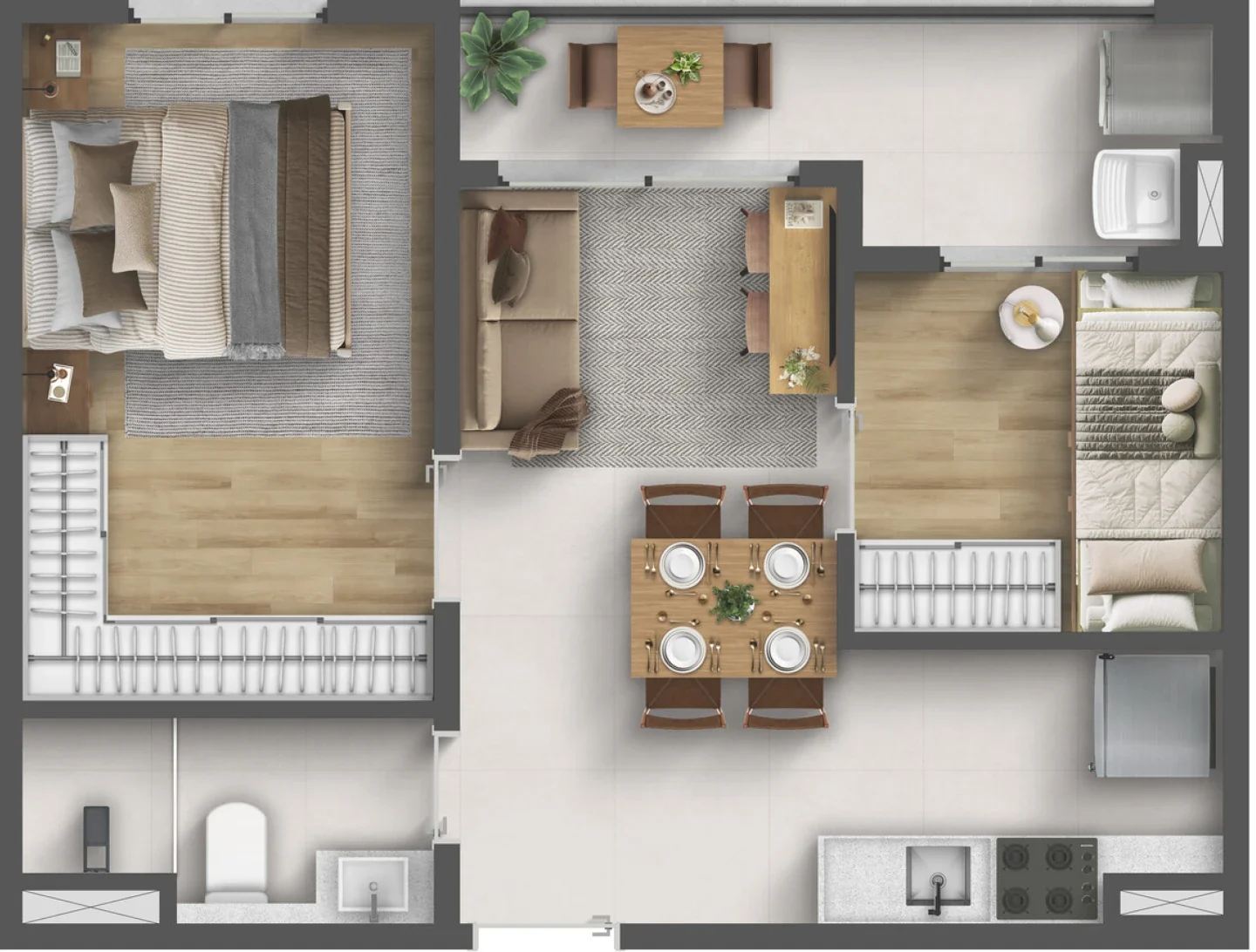 Planta humanizada Tipo E de 39,16 m² do Residencial Momi