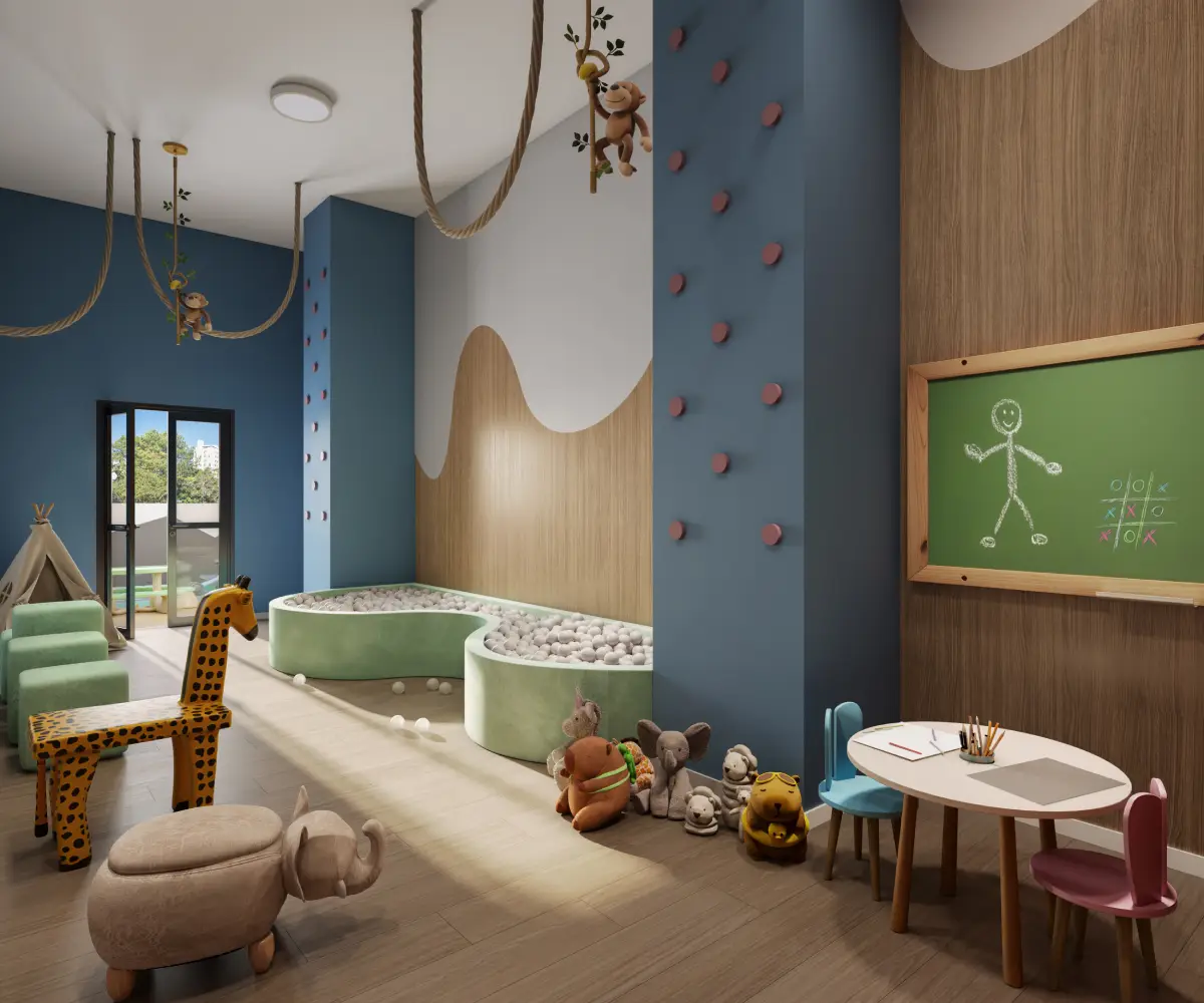 Perspectiva ilustrada de brinquedoteca kids do Residencial Momi