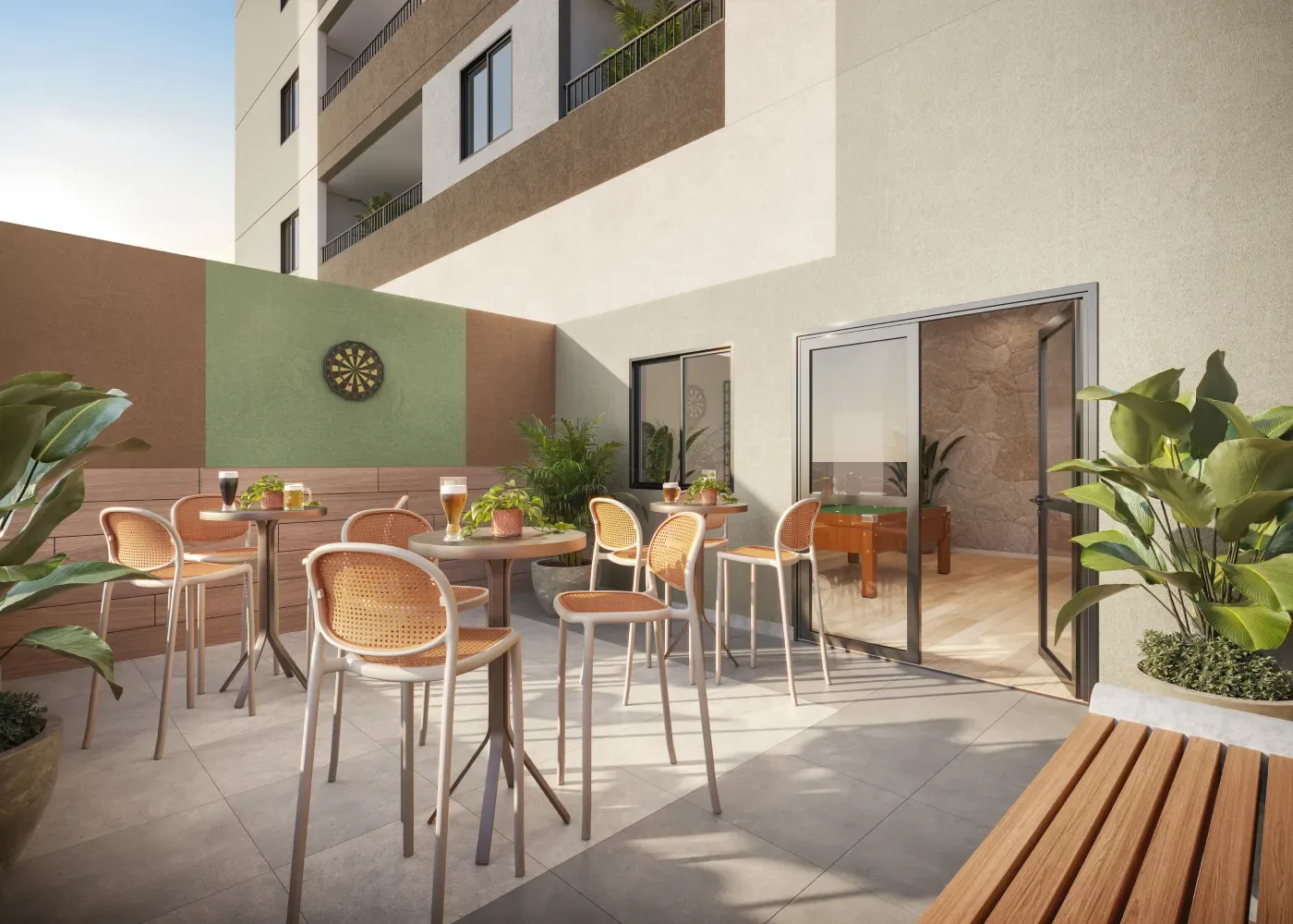 Perspectiva ilustrada do sports bar externo do Residencial Marô