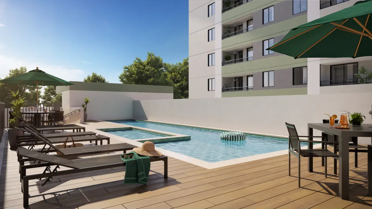 Perspectiva ilustrada de piscinas do Residencial Momi