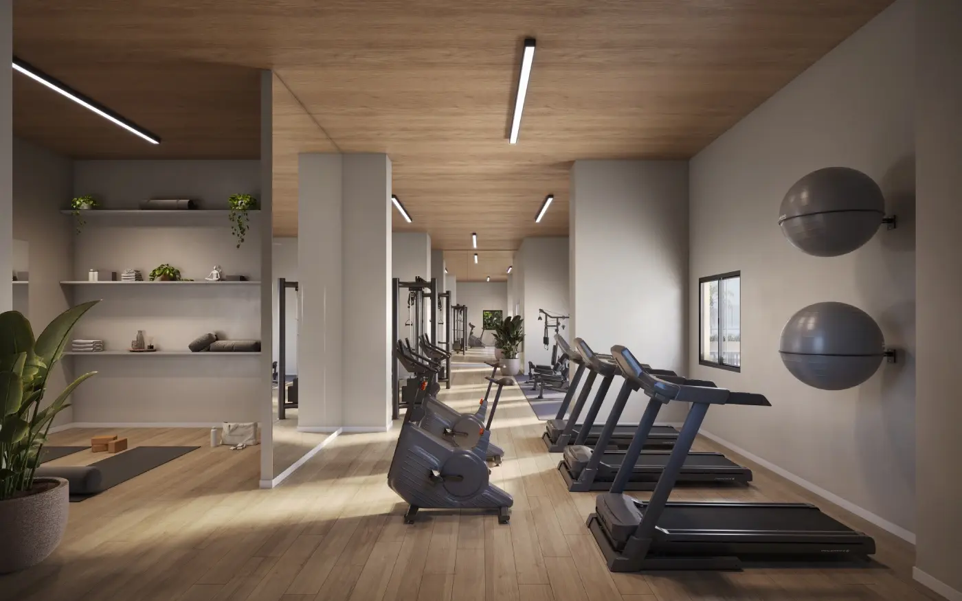 Perspectiva ilustrada da academia do Residencial Marô com esteiras e aparelhos