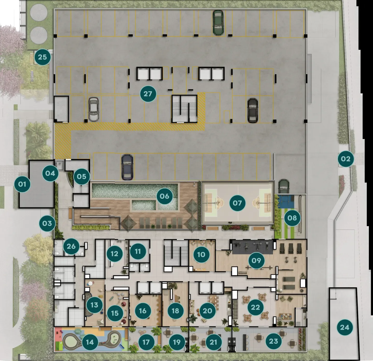 Perspectiva ilustrada da implantação do Residencial Marô vista de cima, com piscina, quadra, áreas de lazer e estacionamento