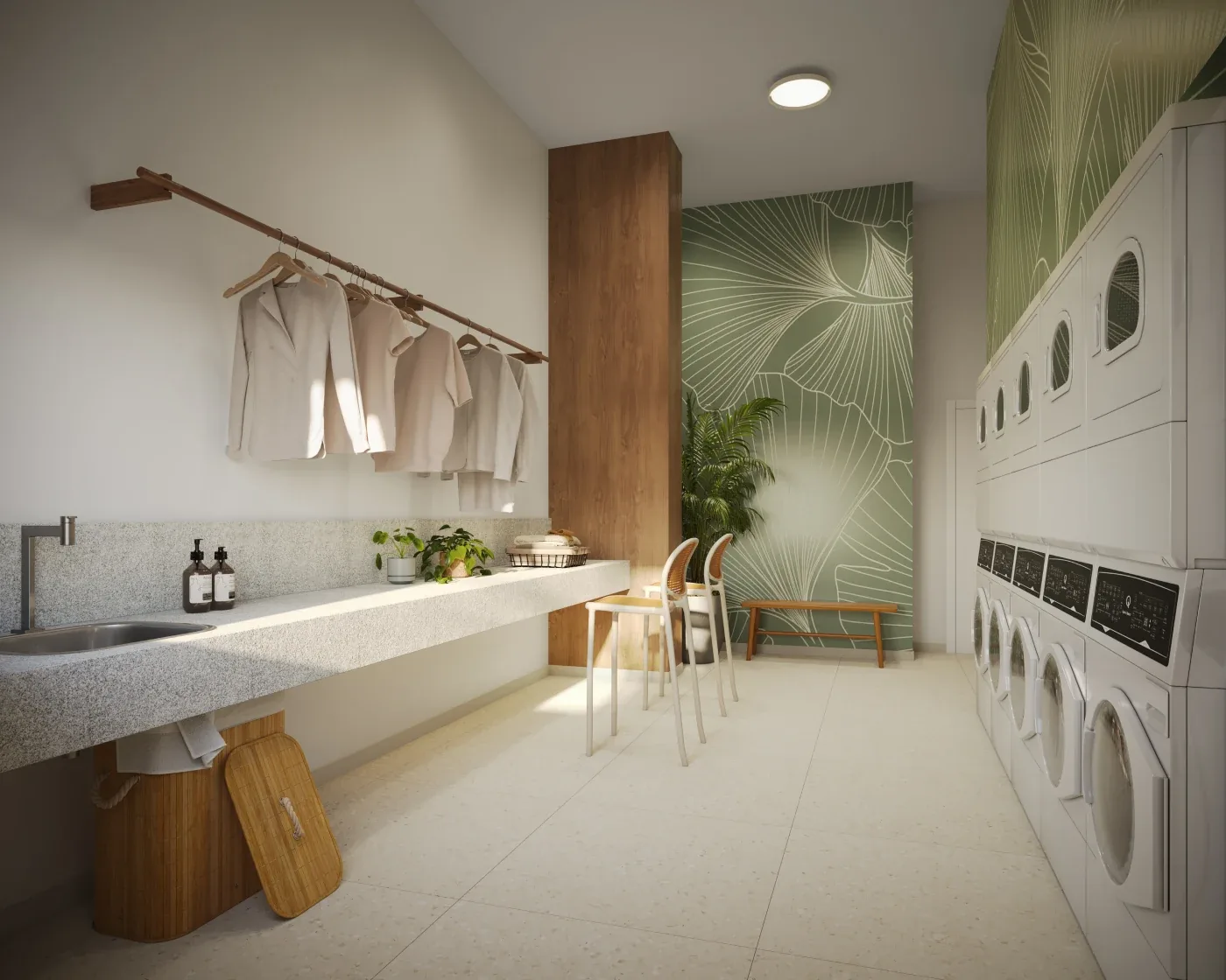 Perspectiva ilustrada da lavanderia compartilhada do Residencial Marô